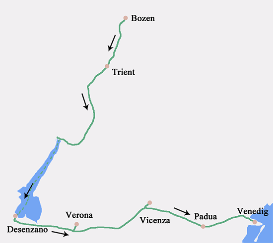 Skizze der Radtour Bozen - Gardasee - Venedig