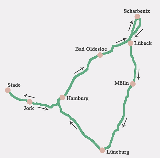 Skizze der Radtour Hamburg - Lübeck - Lüneburg - Hamburg